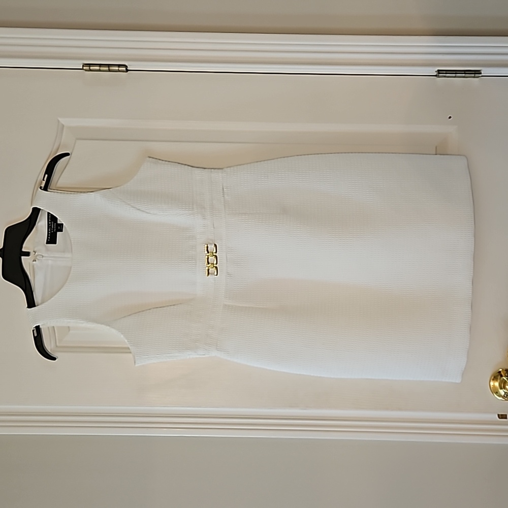 Tahari White Sleeveless Sheath Dress with Gold Accent